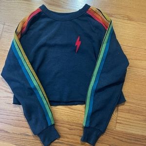 aviator nation red lightning bolt rainbow sleeves black crewneck